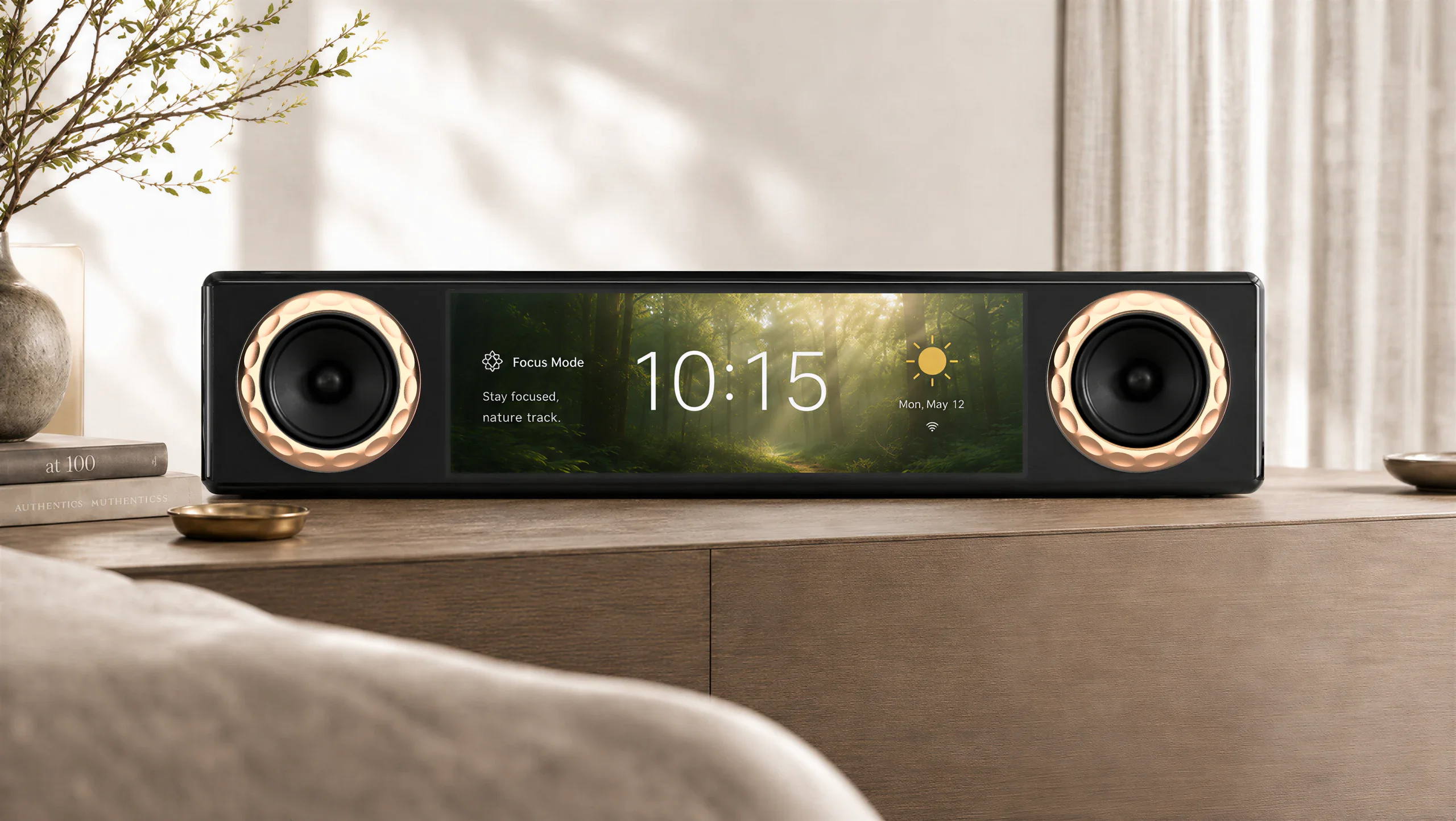 Tikpal Room — an all-in-one device with speakers, amplifier and streamer in a single body, on a wooden desk